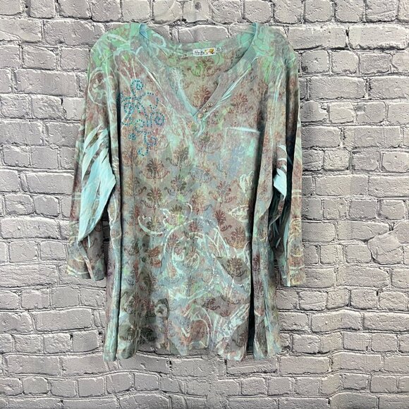 Unity World Wear Womens 3X Floral Print Henley With Button Accents & Pocket - Picture 1 of 9